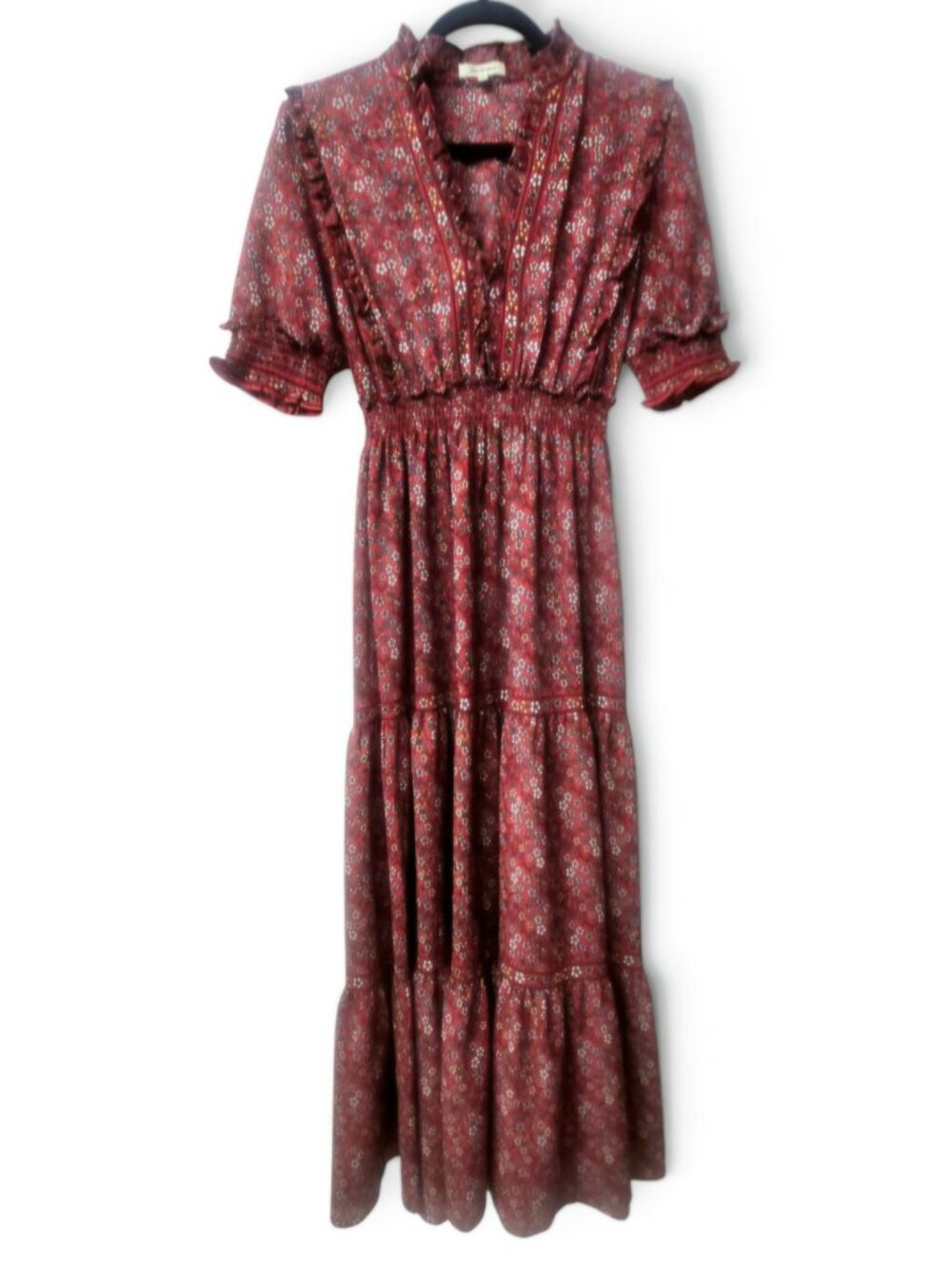 Max Studio Maxi Dress Small Boho Red Floral Tiered Georgette Cottagecore Chic